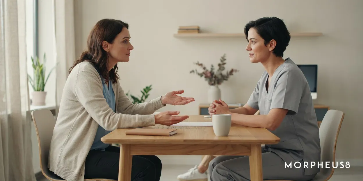 Woman in her forties leaning forward to ask a question across a consultation room desk