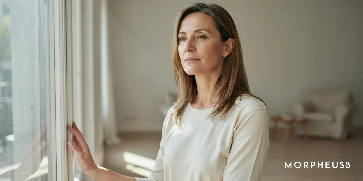 Woman in her forties standing by a window and turning her face towards the daylight
