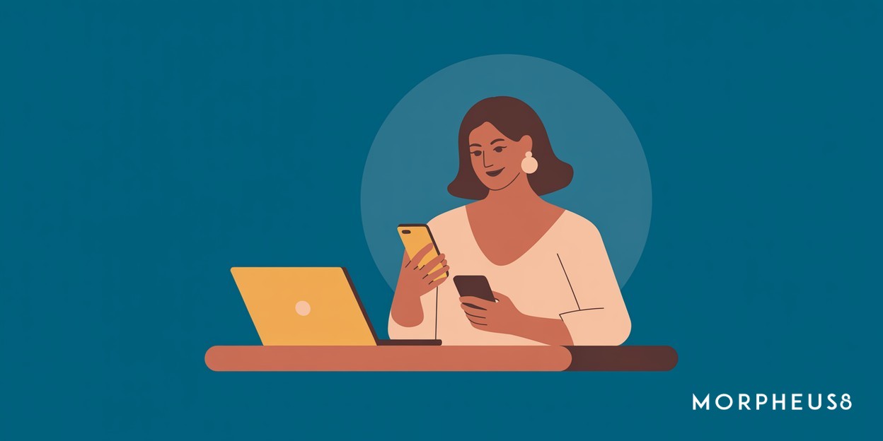 Woman in her forties reading her phone with a laptop open on a kitchen table