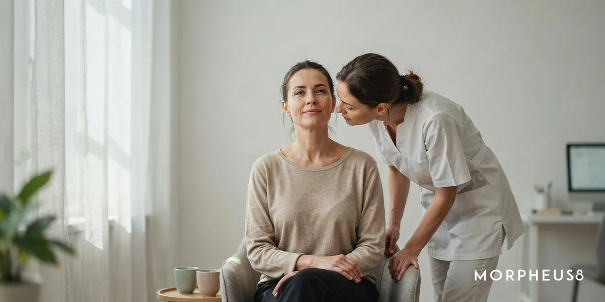 Woman in her forties tilting her face towards window light while a clinician looks closely at the skin around her eye