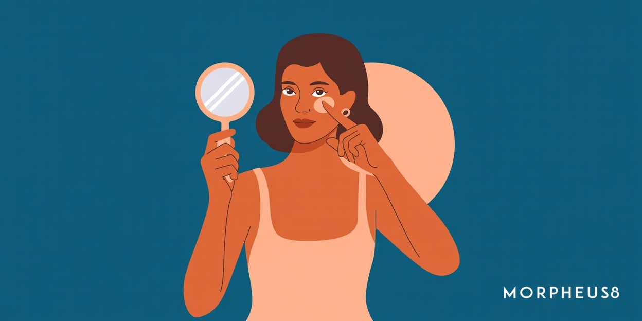 Woman in her forties leaning towards a round hand mirror and touching the skin beneath one eye