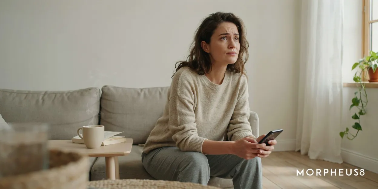 Woman in her late twenties sitting on a sofa holding a phone and looking away from it