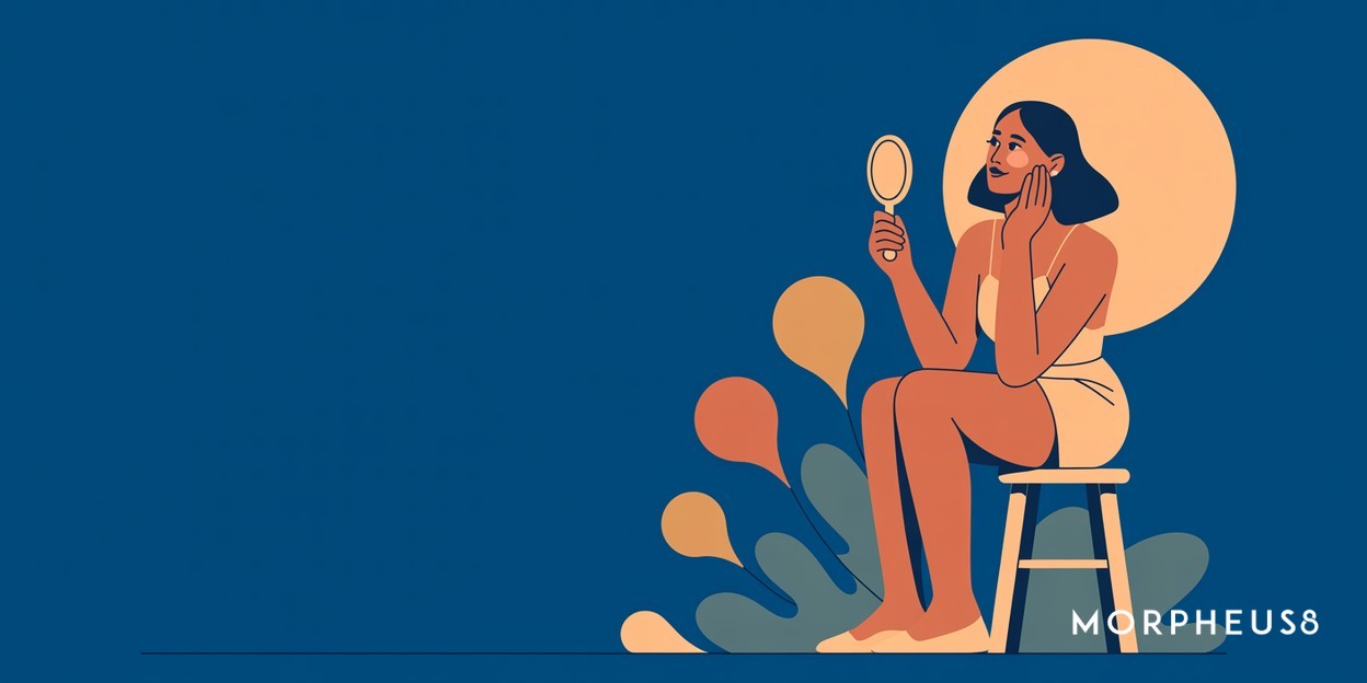 Woman sitting on a stool holding a small mirror up to her cheek